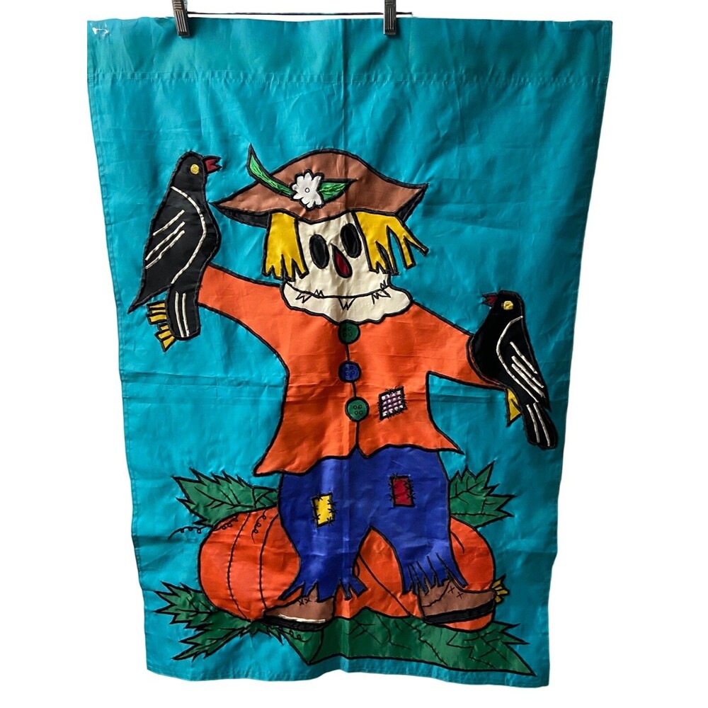 Scarecrow Crow and Pumpkin Polyester Sewn Flag 28 in by 40 in